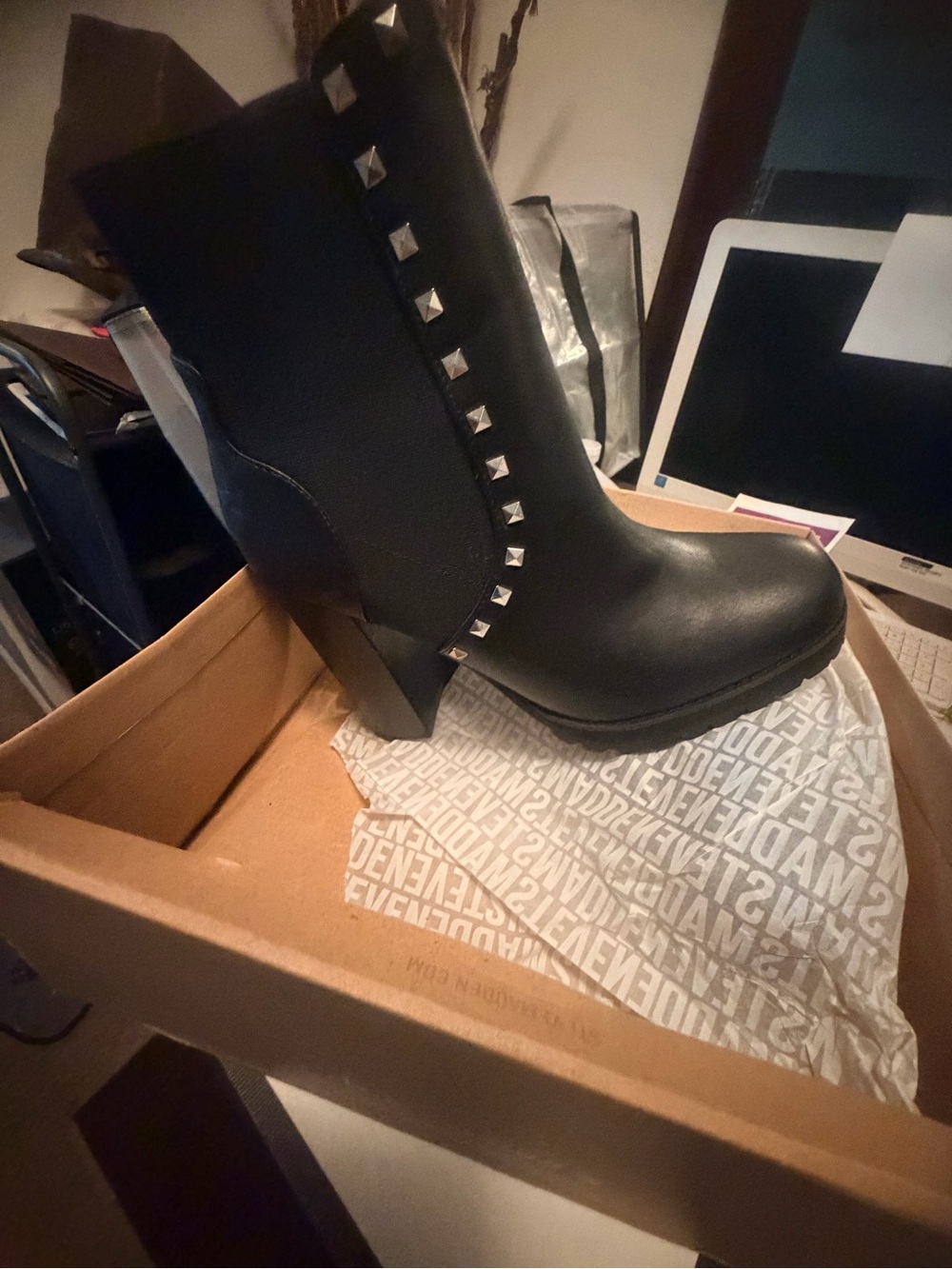 Women's Black Studded Block Heel Ankle Boots
